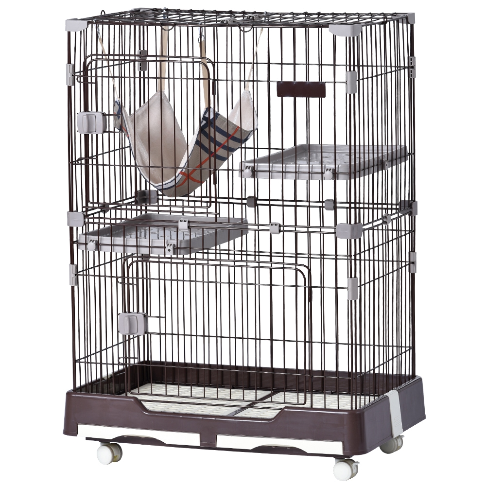 【国内即発送】猫 ケージ キャットケージ ペットケージ キャスター付 猫ゲージ 大型 多頭飼い ネコドア キャットハウス 1段2段可能 留守番 保護 脱走防止 おしゃれ (2段,ブラウン)