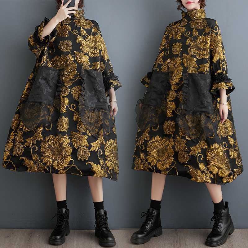 「ファットガール」 秋 花柄 ワンピース タートルネック ポケット付き 大きいサイズ 体型カバー レディース ワンピース メガ割