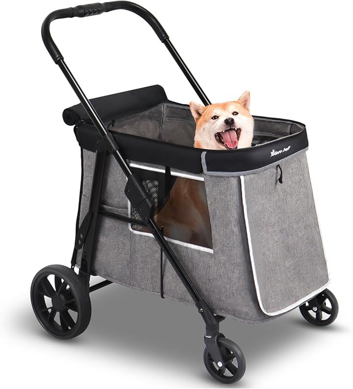 中型犬用カート ペットカート 深型しっかり包み込む 大型犬 大空間 わんわんカート 小型犬/猫 多頭 老犬兼用 最大4匹 耐荷重30Kg ワンタッチ折り畳み 低床型(グレー, M)