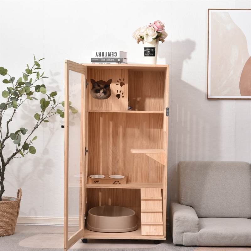 猫 ケージ キャットケージ 3段 木製フレーム 広々 大型 猫ゲージ 高おしゃれ キャットハウス ネコ ハウス 多段 留守番 保護 脱走防止 多頭飼い