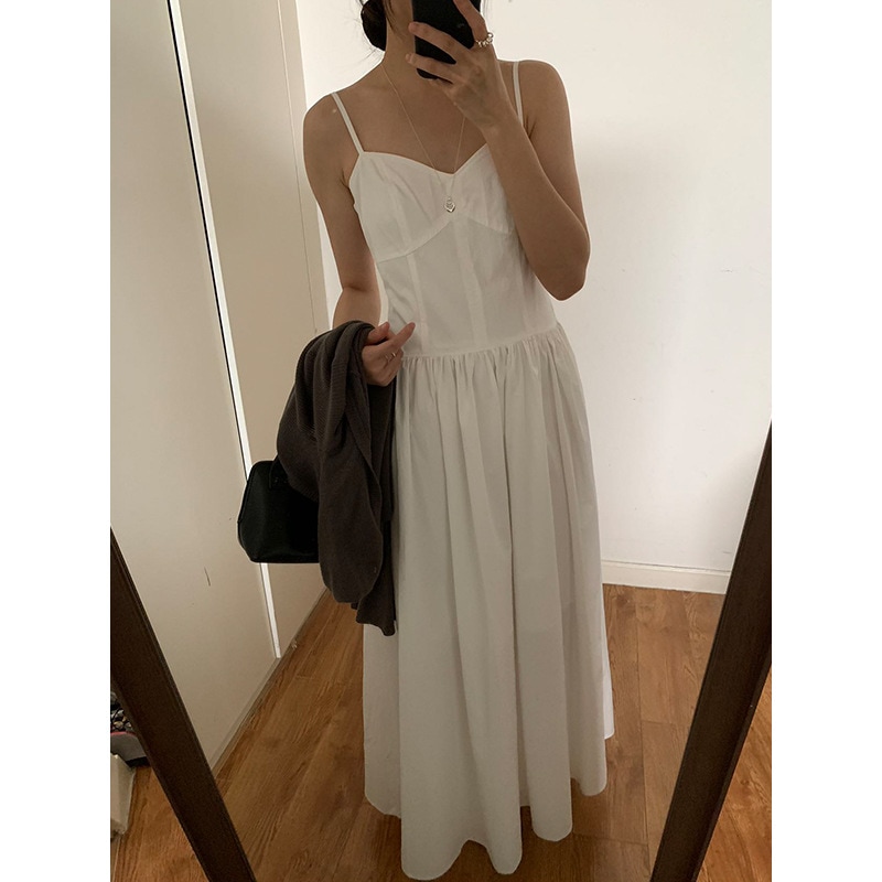 Yuanpai Bluepops 2024 秋新作 V ネックサスペンダードレスウエスト痩身 A ラインロングスカート A4388