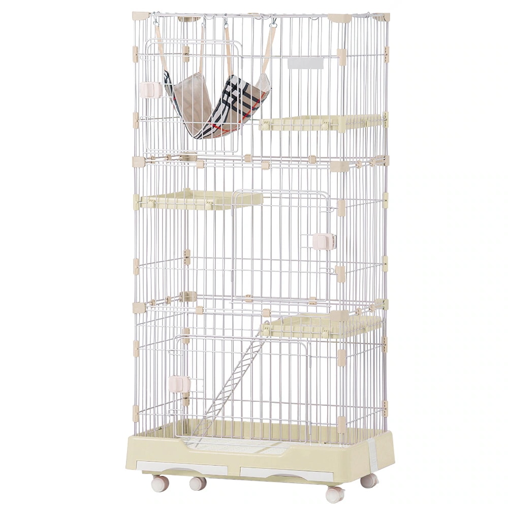 大型 ペットケージ キャットケージ キャットハウス 保護 D猫 ケージ 1段2段3段可能 留守番 脱走防止 多頭飼い (3段 クリームイエロー) おしゃれ 猫ゲージ ネコドア キャスター付