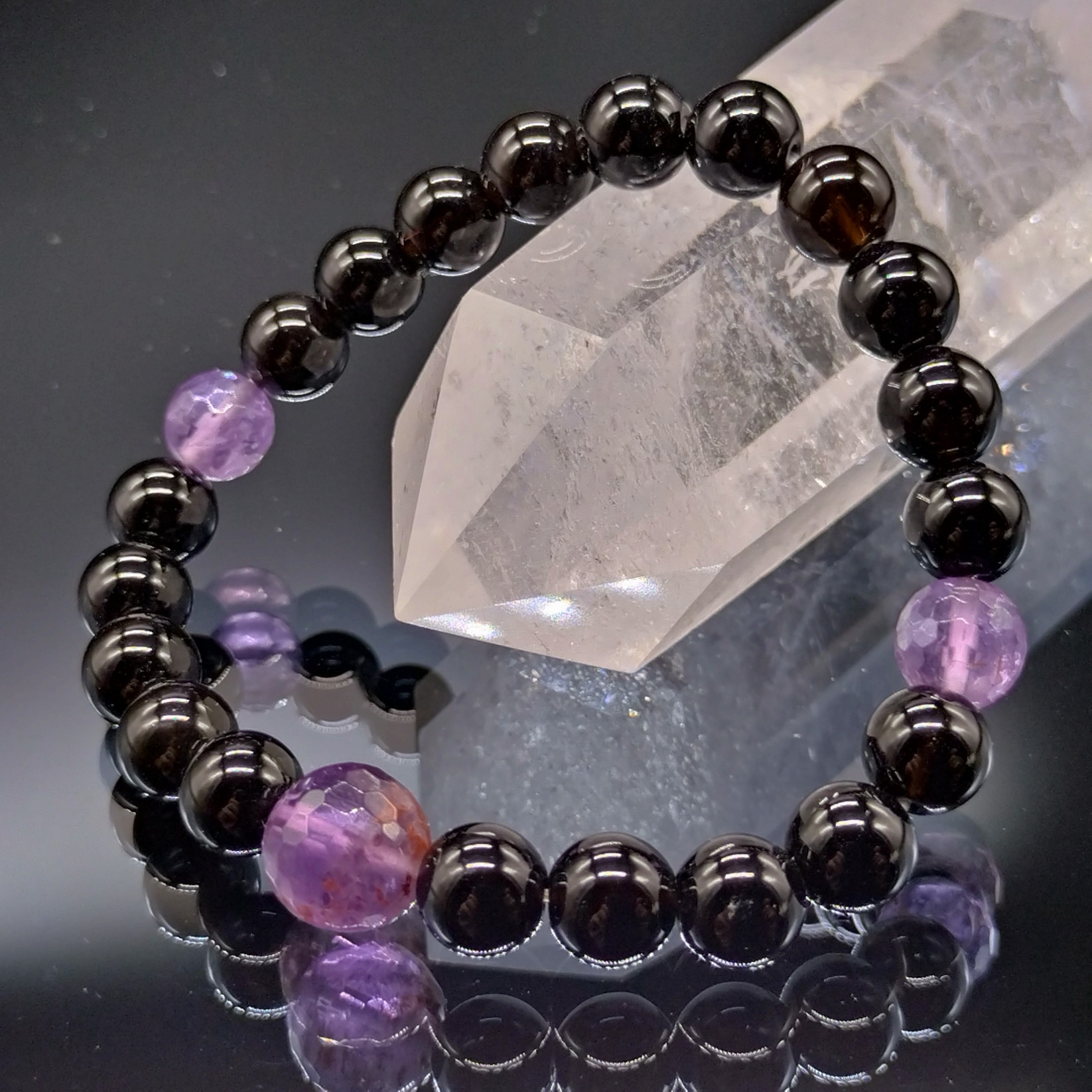 モリオン ガーデンアメジスト 128面カット 8mm 親玉10mm ブレスレット パワーストーン 天然石