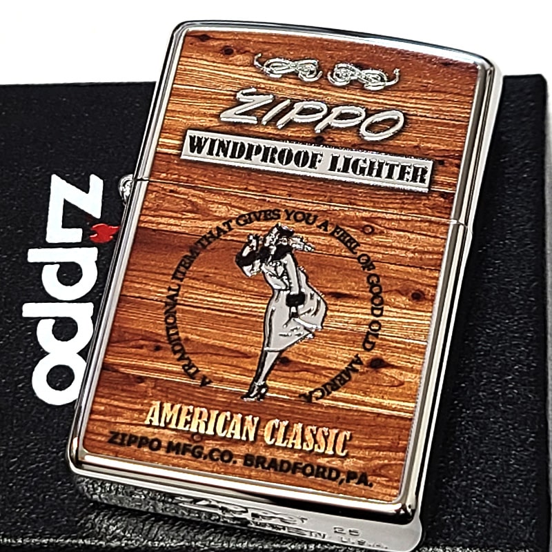 ZIPPO ライター ウィンディ アメリカンクラシック 裏面GUARANTEE おしゃれ ロゴ ジッポ 両面柄違い加工 American Classic シルバー ウッド Windy