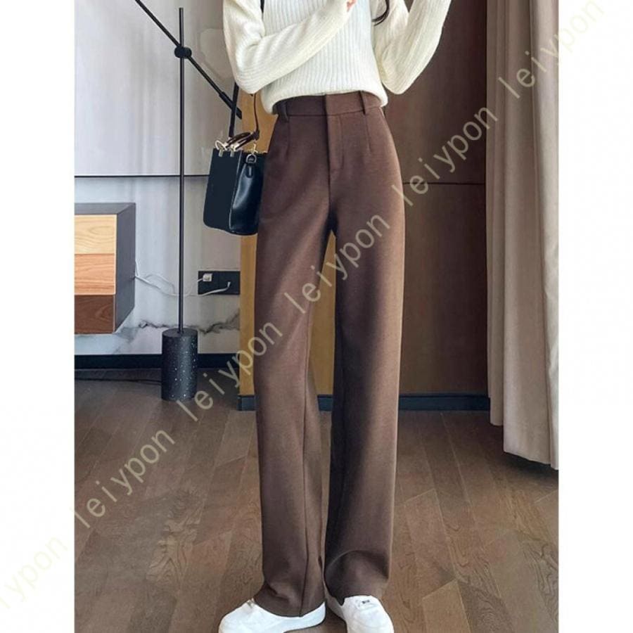 ワイドパンツ レディース 厚手 ツイード 冬 秋 無地 黒 ハイウエスト ゆったり ロンパンツ ガウチョパンツ ボトムス レディース ラシャ 柔らかい 通勤