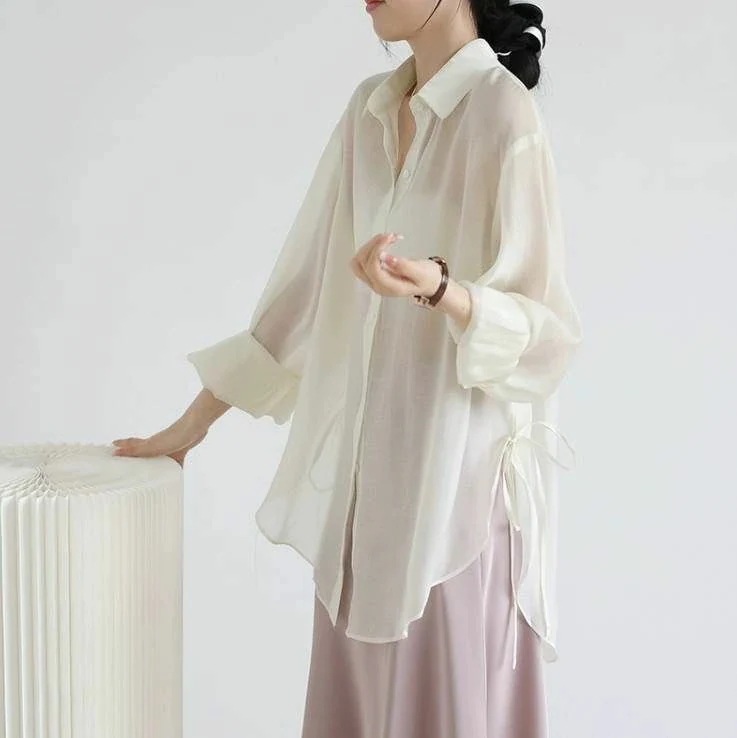 お出かけ シンプル 襟付き ワイド かわいい 夏 ガーリー 角襟 ビジネス ママ 7分丈 日焼け対策 こなれ感 オフィス ルーズ きれいめ レディース デート キュート 透け感 長袖 学生 ブラウス