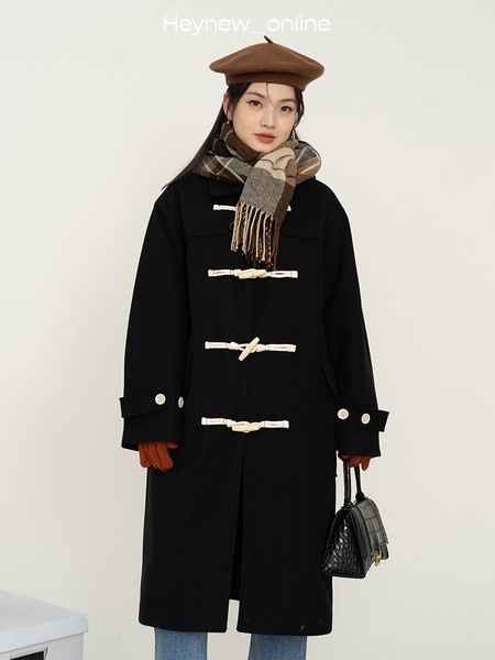 ミドル丈韓国風ウールホーンボタン