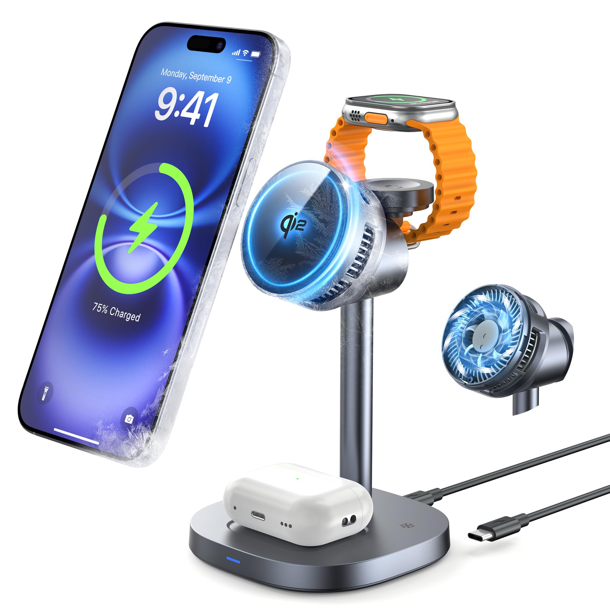 RORRY 新型番Qi2冷却ファン付き3in1ワイヤレス充電器【スマホ熱対策15W急速静音設計】magsafe充電器 3台同時に充電 ペルチェ素子 マグネット式 アップルウォッチ充電器 TEC半導