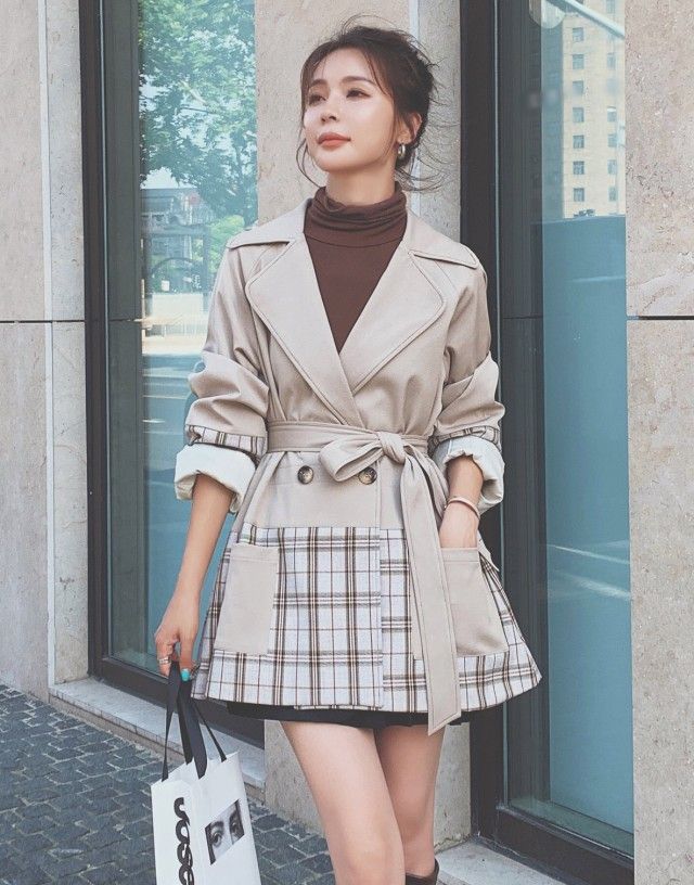 チェックコート トレンチコート ショート レディース ショートコート 春 秋 アウター バイカラー コート ロングジャケット 大きいサイズ 春秋 韓国 ファッション