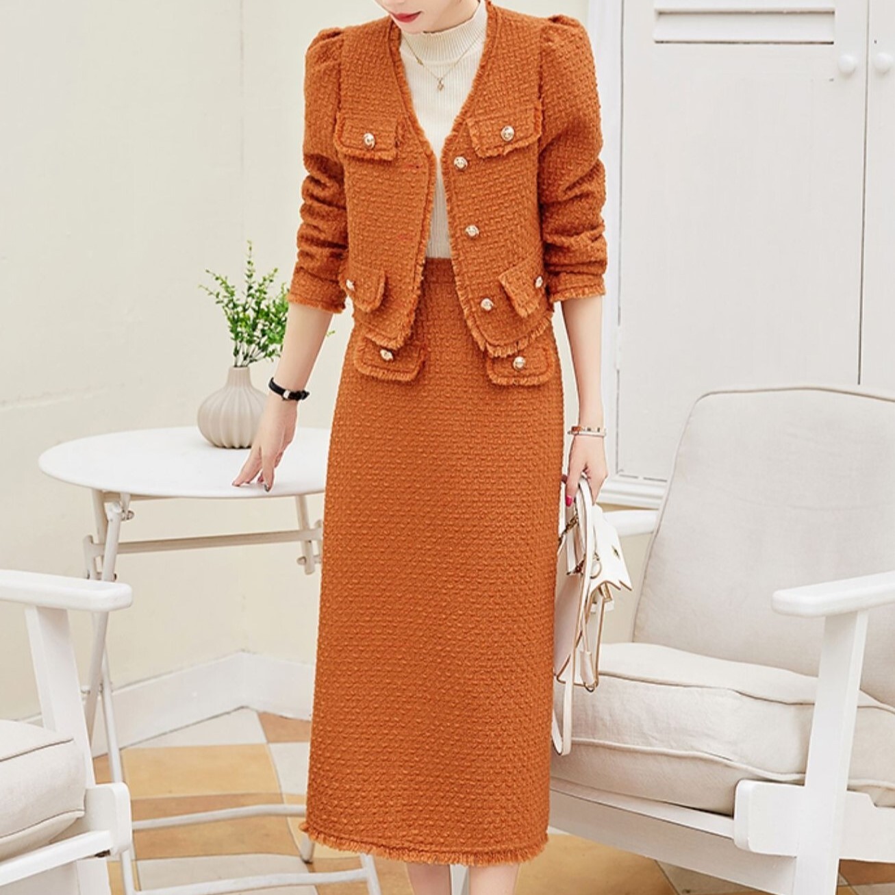 スカート ジャケット スーツ セットアップ レディース ノーカラージャケット ペンシルスカート ロングスカート 膝下 ミモレ 7分袖 パフスリーブ Vネック タイト スリム 細身 ストレート スリット