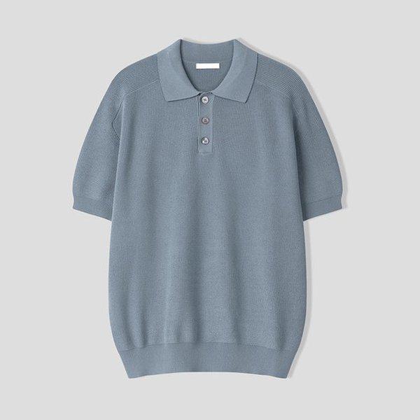 メンズ シンプル ボタン カラーネック 半袖 ニットTシャツ AS-KNH-Q016-ソラ