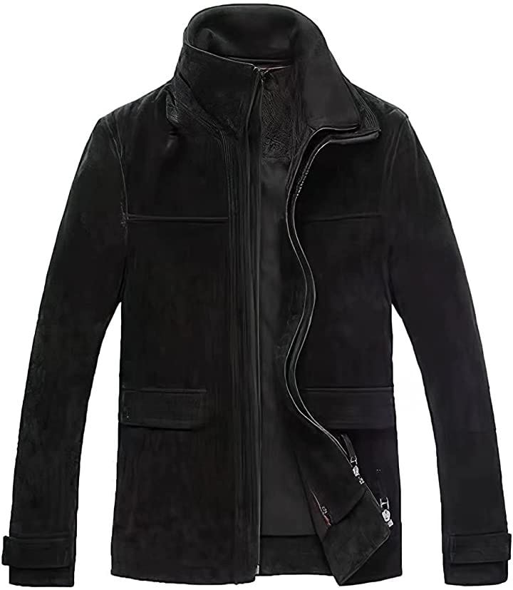 メンズ スエード レザージャケット クラシック 取り外し可能な襟付き アウトドア( ブラック, 2XL)