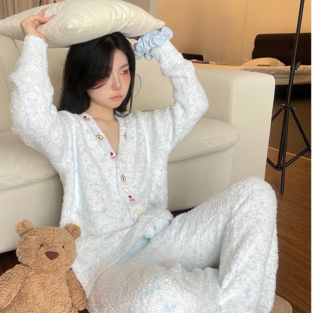 【最安値に挑戦】【人気商品】【急速出荷】ルームウェア秋冬新作 レディース 2025 プラッシュ ニット素材 ハーフフリース 厚手 保温 高級プリントデザイン パジャマセット ホームウェア