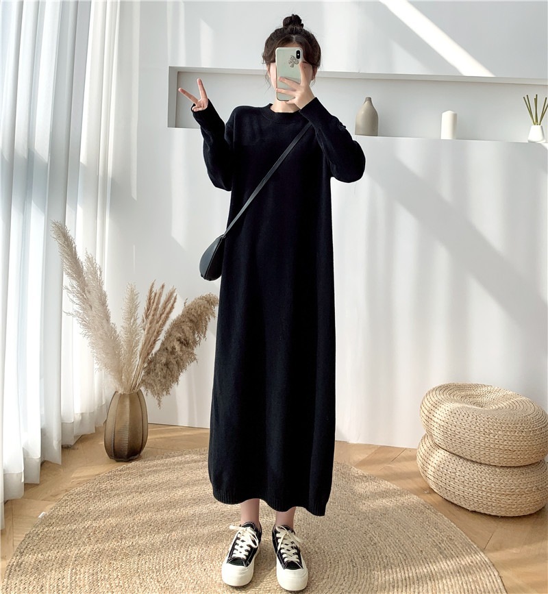 ルーズロングセータードレス女性秋と冬の新しい脂肪MMの妾の腹薄いビッグヤード女性のニットドレス