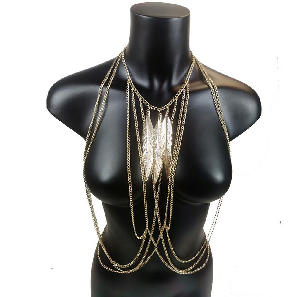 ゴールドトリプルフェザーボディチェーン 羽根 翼 ボヘミアン クサリ 鎖 ウエストチェーン ネックレスチェーン チョーカー 首飾り 繋ぐ つなぐ 腰 首 ビキニ 金色 水着 衣装 女性 mt540