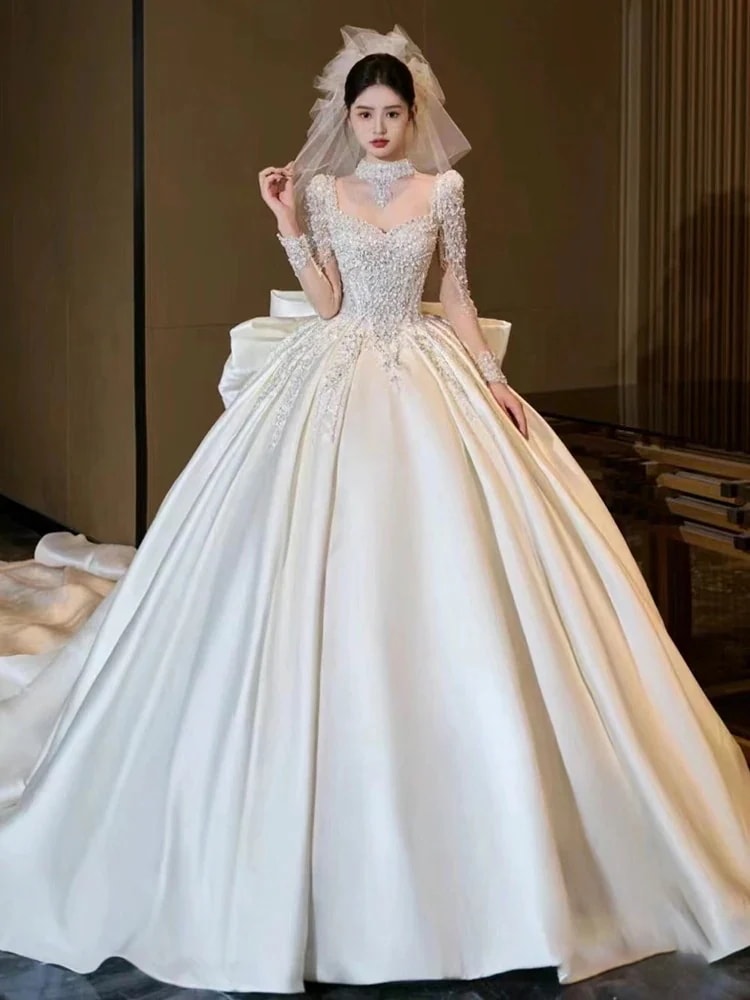 レトロサテンウェディングドレス 2025 ブライダルメインヤーン テクスチャードプリンセスパレス風ドレススカート