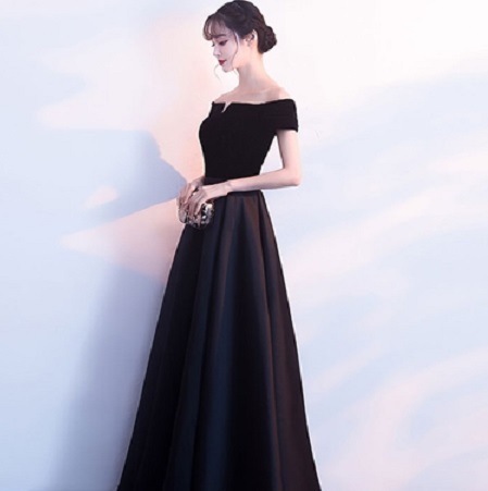 ロングドレス シンプル ベロアエステル異素材コンビネーション オフショルダーデザイン 上品マキシワンピース Aライン（ブラック）パーティードレス キャバ お呼ばれ 謝恩会 発表会 結婚式