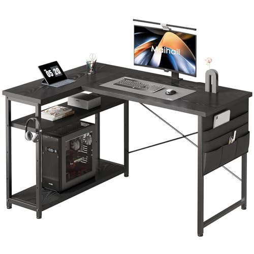 L字型 パソコンデスク 幅120cm ワークデスク 棚板高さ調節可能 ラック付き ブラック 13,036円