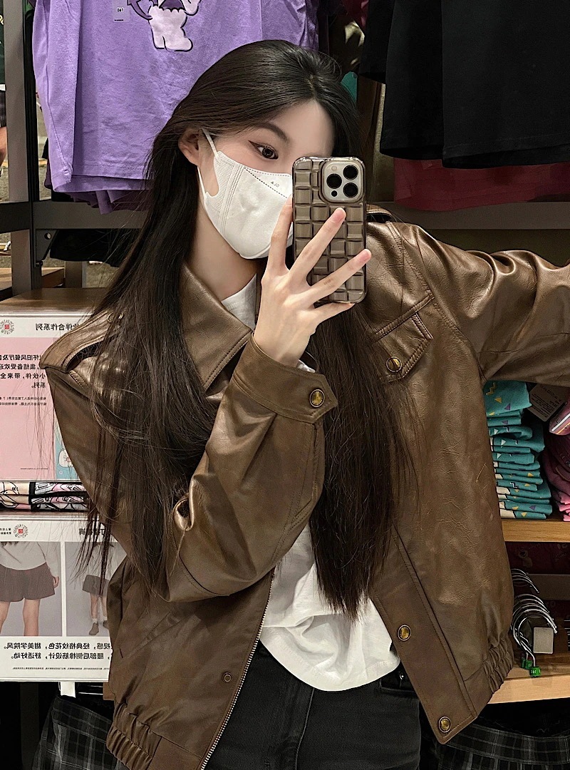 レトロブラウンレザージャケットレディース2023秋冬今年人気デザインシングルブレスト韓国ジャケットトップス