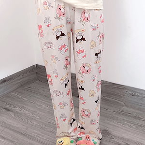 【2枚購入で 3OO円OFF!】カートゥーンプリントのキティパンツ女性用ドッグランパンツゆったりカジュアルパンツホームパンツロングパンツ外着