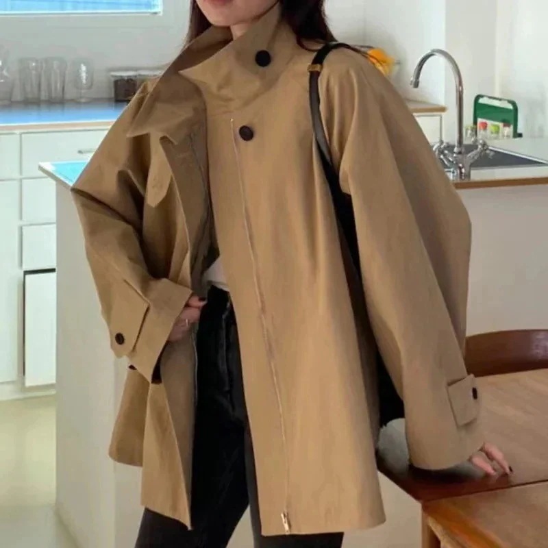 韓国ファッション レトロ 英伦風 立ち襟 ファスナー ポケット デザイン ゆったり トレンチコート 秋冬 気質 ジャケット