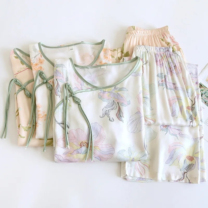 女性のための中国のスタイルのパジャマセット,サテンのシルクの服,長袖のパンツ,ラウンドネック,サテンのラウンジウェア,カエル