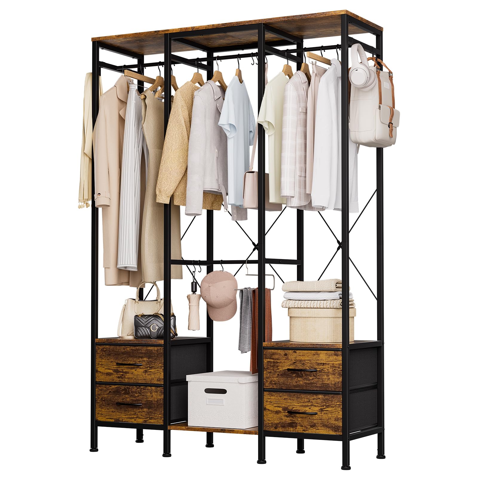 ハンガーラック 引き出し付き ワードローブ 大容量 衣装棚 収納ラック 大容量 頑丈 洋服収納 パイプハンガー 洋服掛け 衣類 衣装 クローゼット ズボンハンガー 全体耐荷重180kg（高防水性皮革