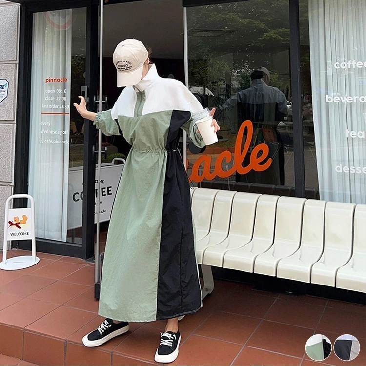 ワンピース レディース 長袖 ゆったり 大きめ ナイロン スポーツ スポーティー ジップアップ 春 秋 おしゃれ ロング丈 ロングワンピース カジュアル オーバーサイズ ビックシルエット