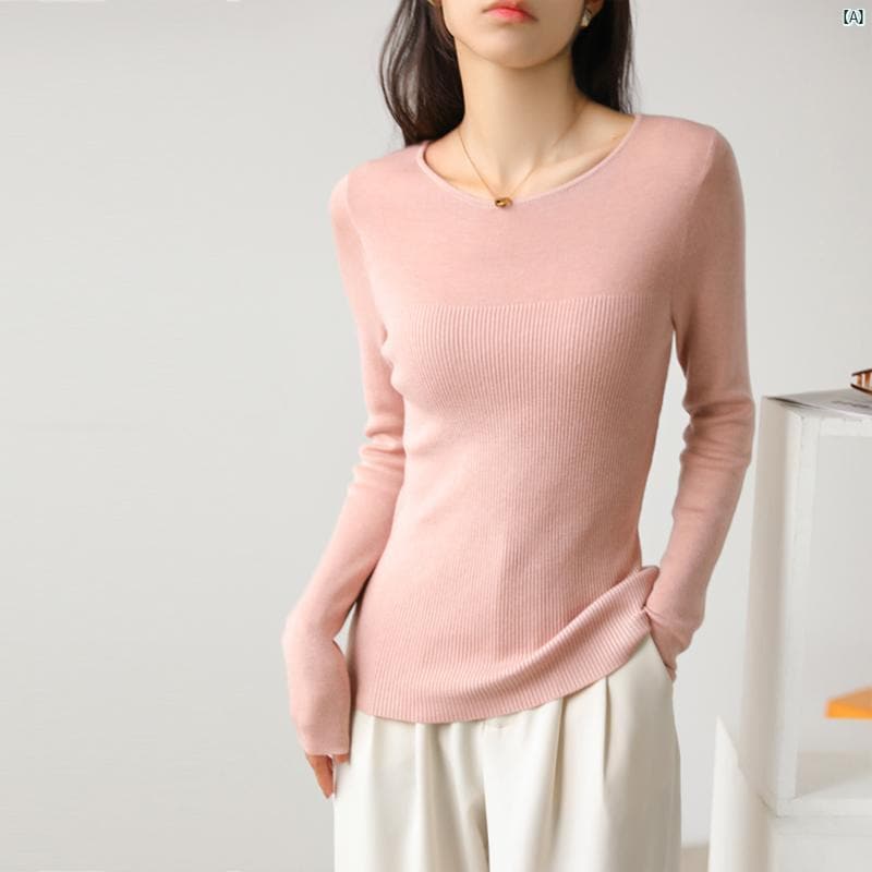 レディース ファッション　レディース　カジュアル　上品　綺麗　外出 秋冬 ホワイト 大きい ラウンドネック ピット ストライプ スリム フィットセーター 鎖骨 基礎 インナー 長袖 ボトム セーター