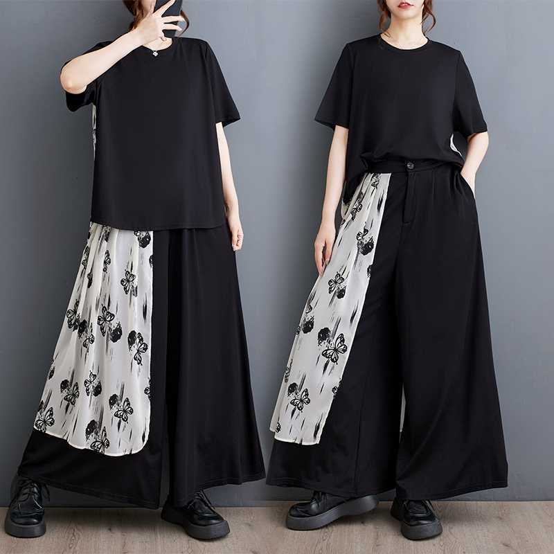 「ファットガール」 2024夏今週の割引は 25% オフです新品 上下セット Tシャツ＋ワイドパンツ 蝶柄 大きいサイズ 体型カバー レディース セットアップ メガ割