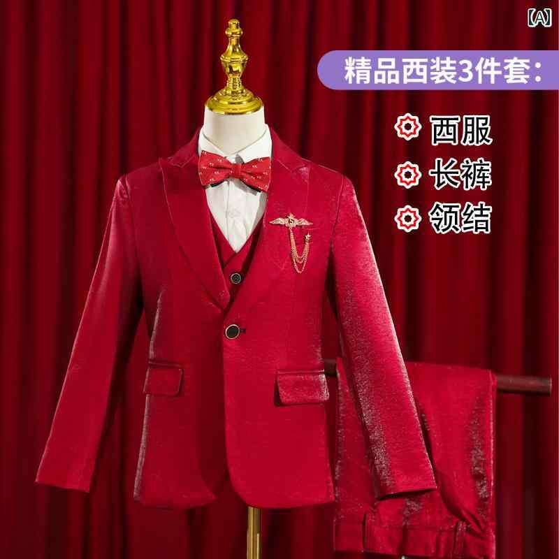 キッズ フォーマル スーツ ジュニア ファッション 男の子 ドレス スーツ フラワーボーイ ウェディング 子供 ステージ パフォーマンス 冬 赤 イブニングドレス