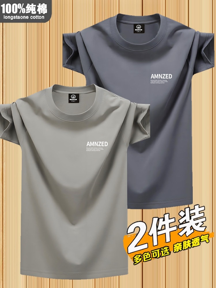 2枚組%コットン半袖Tシャツ メンズ 夏用 薄手 丸首 ゆったりTシャツ トップス ベーシックシャツ