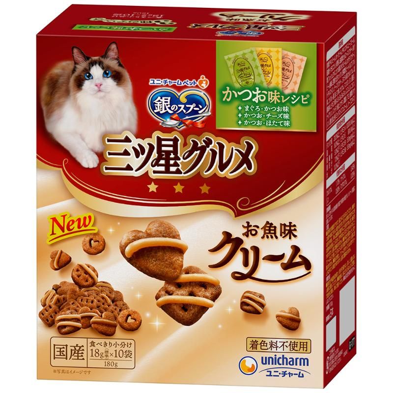（まとめ買い）銀のスプーン 三ツ星グルメ お魚味クリーム かつお味レシピ3種のアソート 180g 猫用フード [x9]