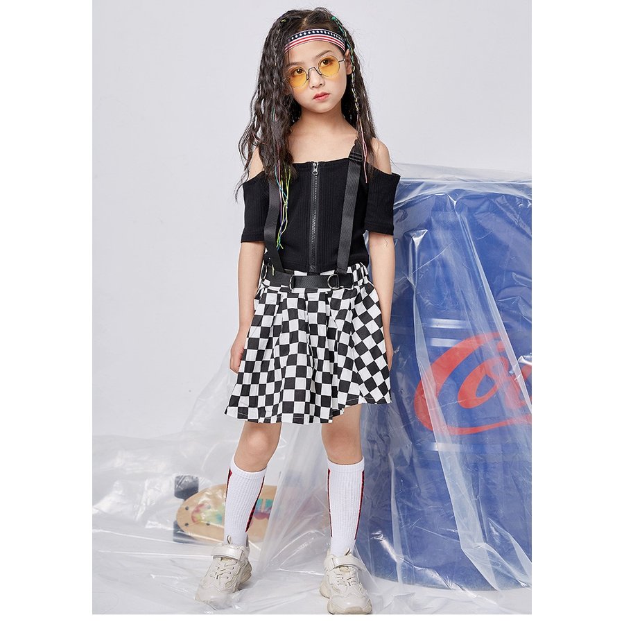 キッズダンス チア ダンス 衣装 チェック柄 スカートセット チアガール 女の子供ダンス 衣装 ヒップホップ パーカー スカート ガールズ ジャッズ演出服