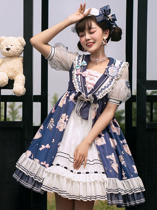 【全店任意2枚購入で100円OFF】スイートロリータオプトドレスポリエステル半袖ポリエステル弓ネイビーロリータワンピースドレス