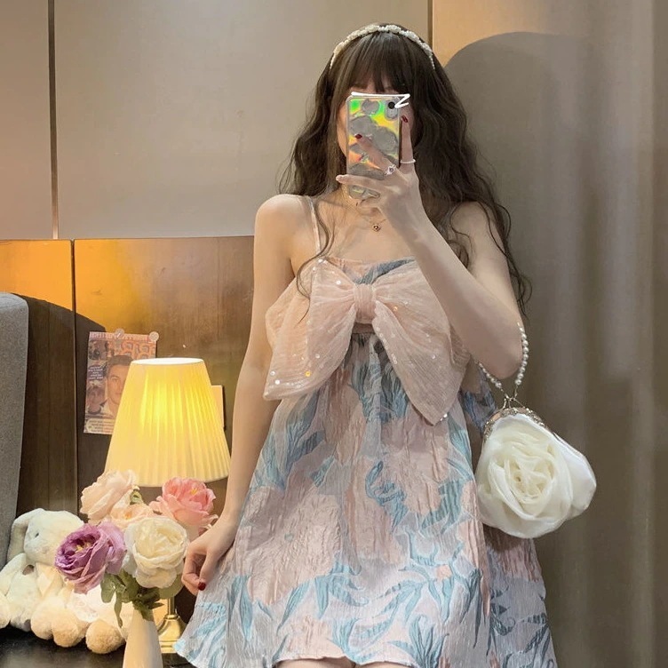 シフォン2024春夏フェアリーフレンチリボンホルター花柄ショートサマー