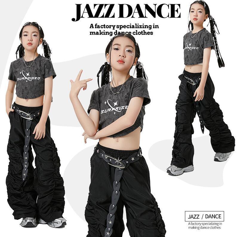 母の日【夏の】【出荷が迅速】女の子ダンス衣装　キッズ臍出し半袖ｔシャツ　ギャザーパンツ 2点3点セット　チアダンス　子供ジャズヒップホップダンスウェアhiphopjazz舞台ダンスウェア