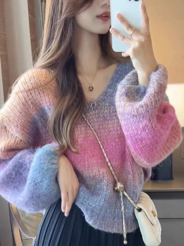 レディース トップス ニット オシャレ 韓国 スタイル カワイイ カジュアル セーター カーディガン 長袖 ニット 秋 冬 インナー デザイン ルーズ V ネック ストライプ グラデーション フェミニ