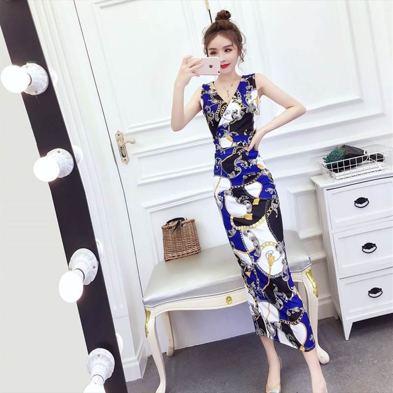 3色 キャバ ドレス セットアップ ロング ミモレ丈 ノースリーブ スリット レディース セクシー 上下セット 総柄 ペイズリー ブルー イエロー ブラック 青 黄色 黒 おしゃれ 可愛い キャバクラ