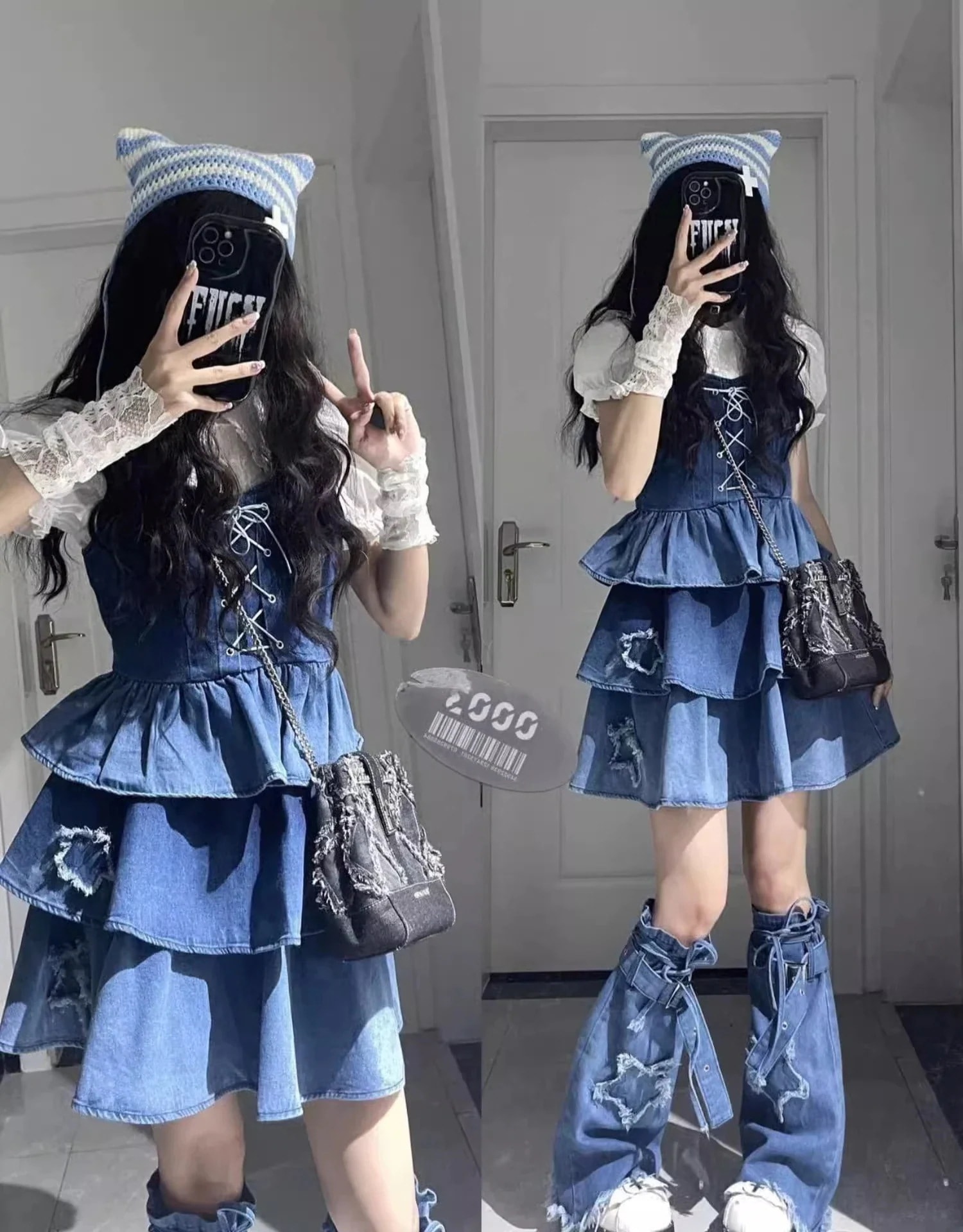 今っぽ 2024春夏 スカート 3点セットキャミソール スカート ショート丈トップスハイウエストレースアップコーデ ストリート系ブルーカジュアルレッグ美脚 脚長丈加工 コーデレディース30%までに制限