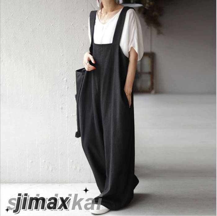 オールインワン レディース サロペット 体型カバー ワイドパンツ ワイド パンツ ボトムス ロング 春 夏 秋 ロング丈 パンツ カジュアル ブラック