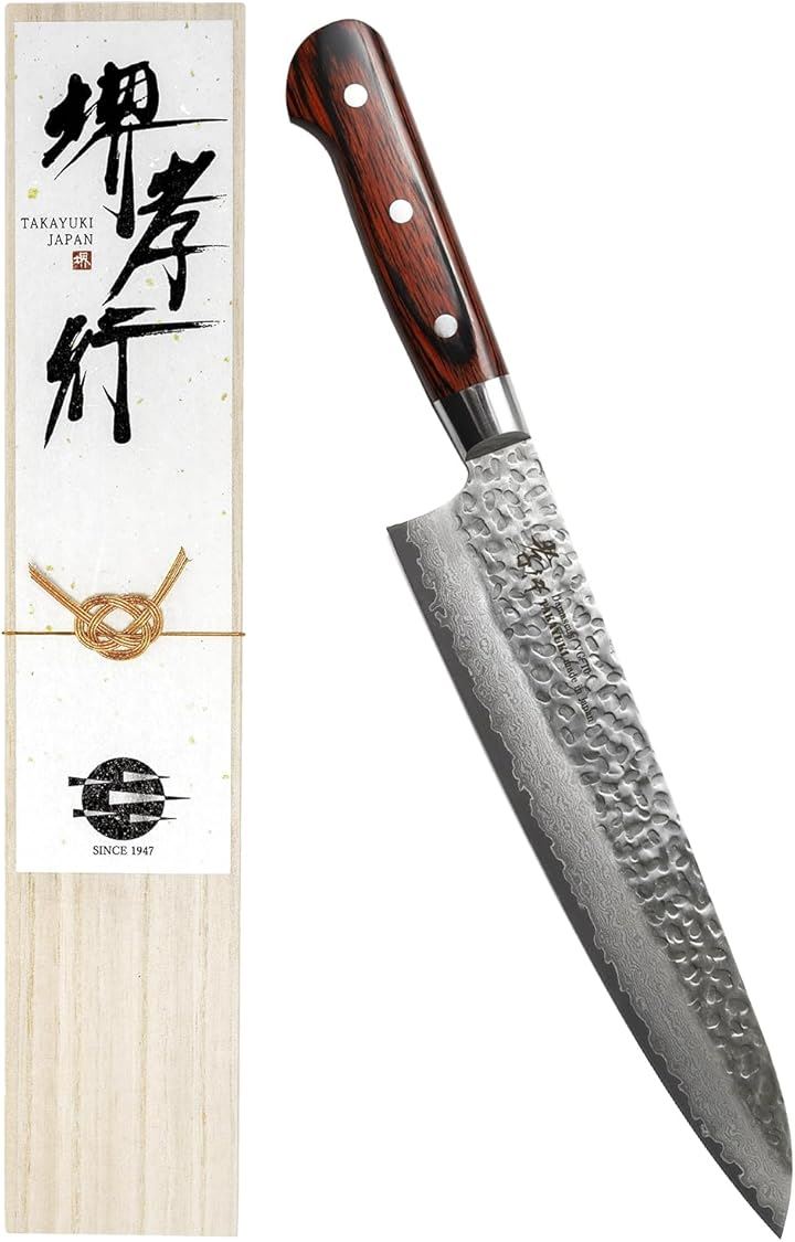 堺孝行 プロの料理人が愛用するブランド ダマスカス 牛刀 包丁 240mm V金10号 vg10 万能包丁 33層槌目 マホガニー柄 日本製(ダークブラウン, 牛刀包丁 240mm)