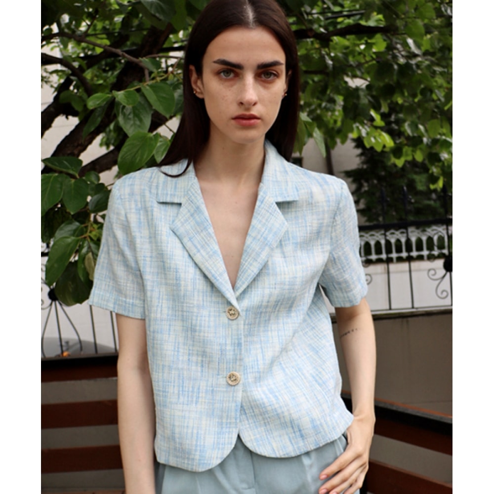 DAMAGE MNEMONIC グリッターツイードブルー 半袖ジャケット_ Glitter Tweed BL JK