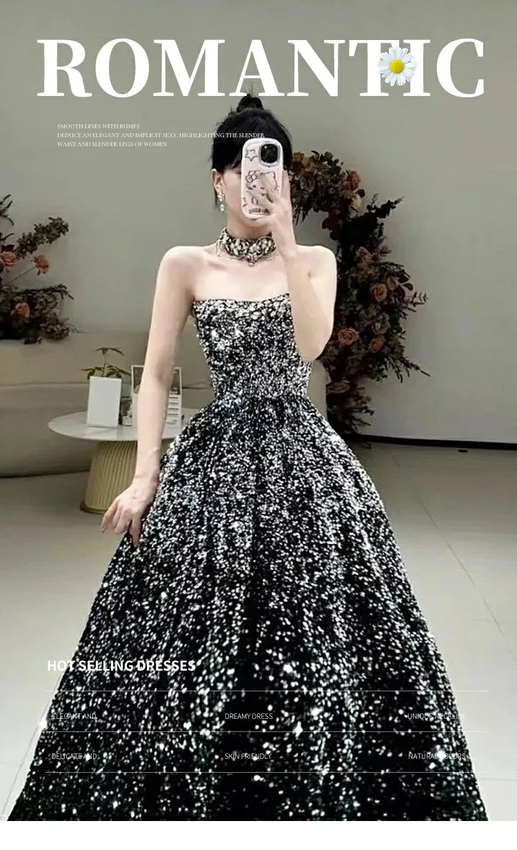 【高品質の製品】高級感 レディースドレス エレガント 上品 きれいめ ダークグリーン スパンコール ロングドレスチューブトップ 司会 礼服 イブニングドレス ウェディングドレス パーティードレス 宴会