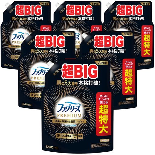 ファブリーズ 消臭スプレー PREMIUM 消臭+除菌成分最高レベル配合 衣類・布製品用消臭剤 クールアクアの香り 詰め替え 超特大 1240mL×6袋 [ケース品]