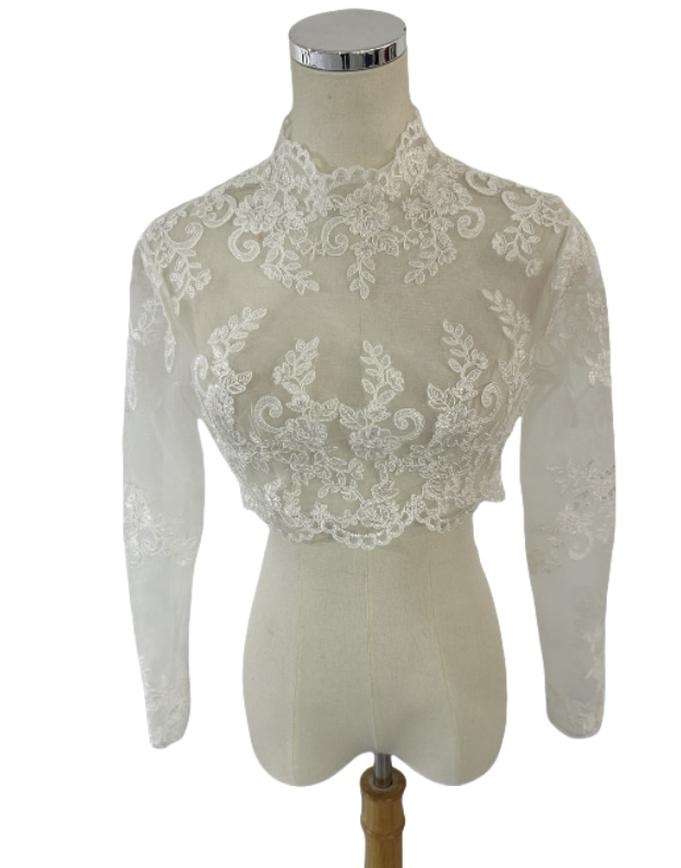 可憐な花刺繍のトップス ハイネック 長袖 くるみボタン ウエディングドレス/前撮り