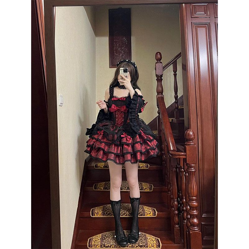 黒赤ロリータjskストラップワンピース亜文化ギャル純欲優しいlolitaワンピース