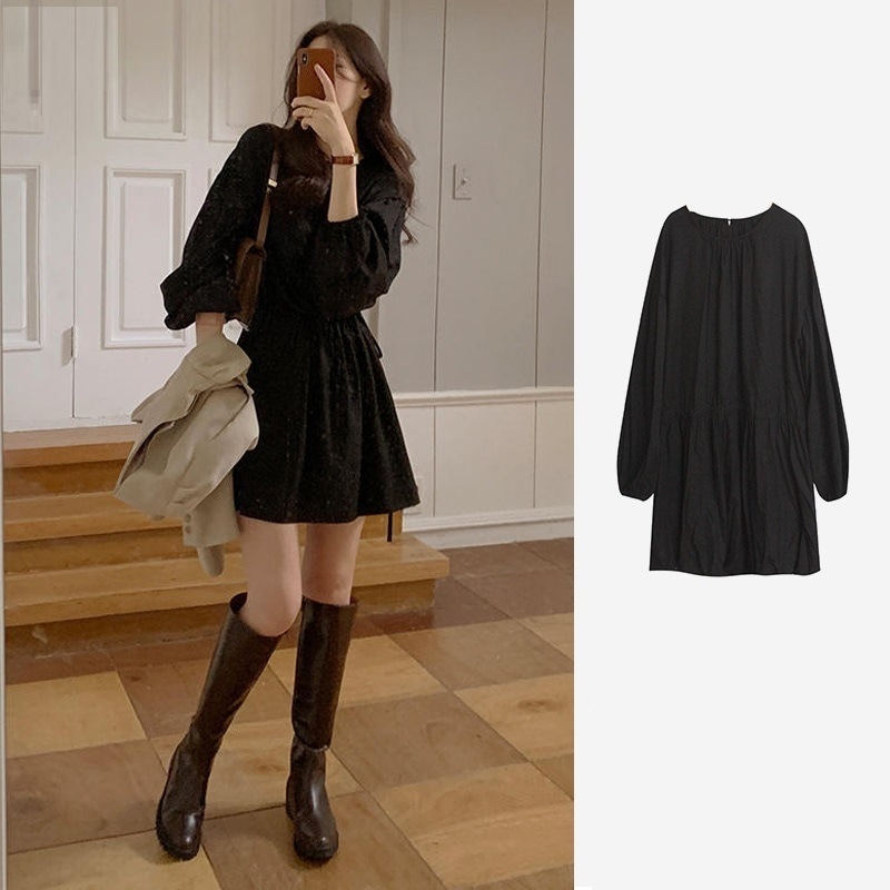 ワンピース チュニック ミニ丈 ショート丈 袖あり 長袖 ボリューム袖 ラウンドネック フレア ウエストマーク 切り替え かわいい 大人可愛い きれいめ シンプル ベーシック 定番 大人 上品