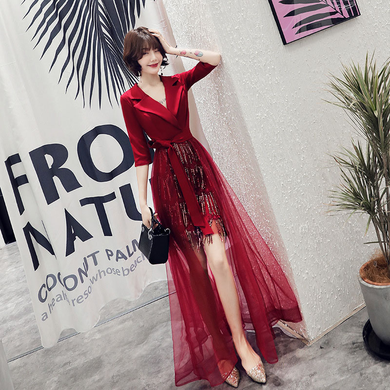 新作追加 ウェディングドレス ウエディングドレス カラードレス カクテルドレス 前ミニドレス パーティードレス 発表会ドレス フォーマル イブニングドレス 7分袖 Vネック ワインレッド 前短後長 フ