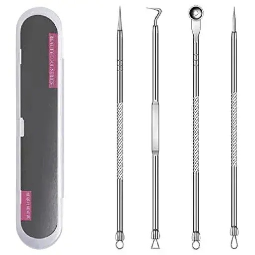 PUNDA にきび針セット 4点セット 毛穴ケア専用キット ニキビ取り 黒ずみ取り 角栓プッシャー 抗菌ステンレス 美容ツール 収納ケース付き 携帯便利 (シルバー新製品-6-38